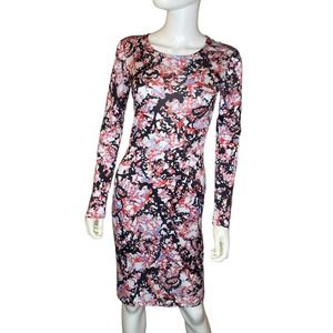 Mary Katrantzou 100% Silk Black Orange Coral Print Long Sleeve Midi Dress XS